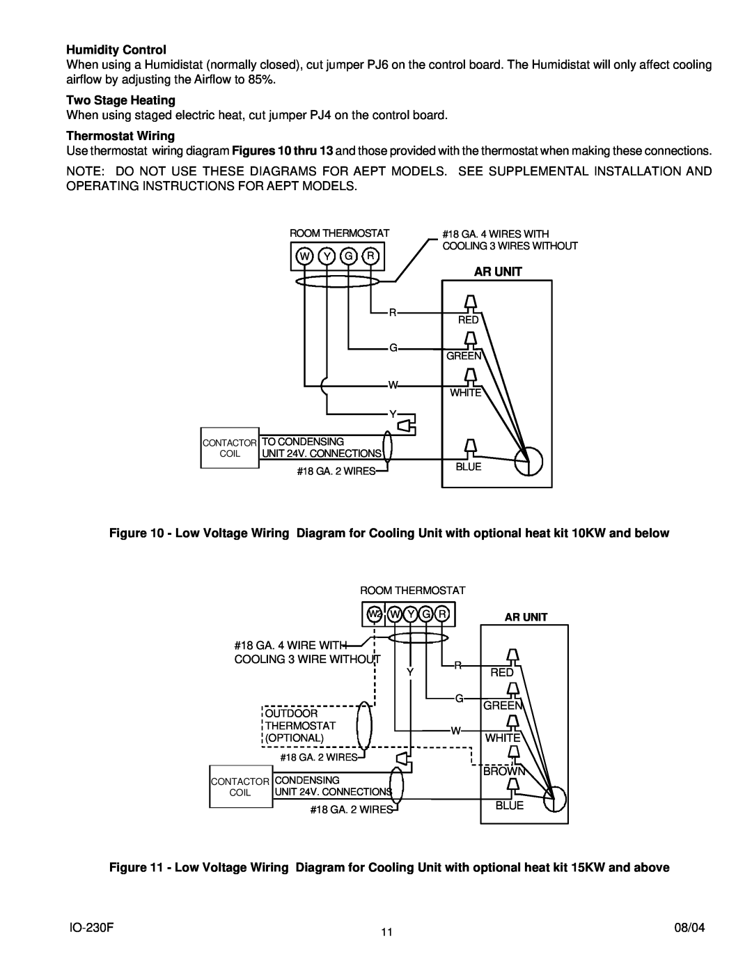 Goodman Mfg AEPT, ARPT, ARPF operating instructions Ar Unit, Humidity Control, Two Stage Heating, Thermostat Wiring 