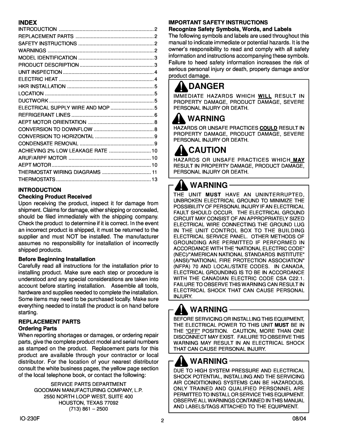 Goodman Mfg AEPT, ARPT, ARPF operating instructions Danger, Index 