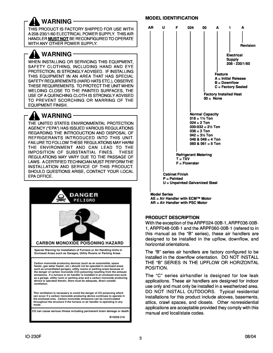 Goodman Mfg ARPT, ARPF, AEPT operating instructions Model Identification, Product Description 