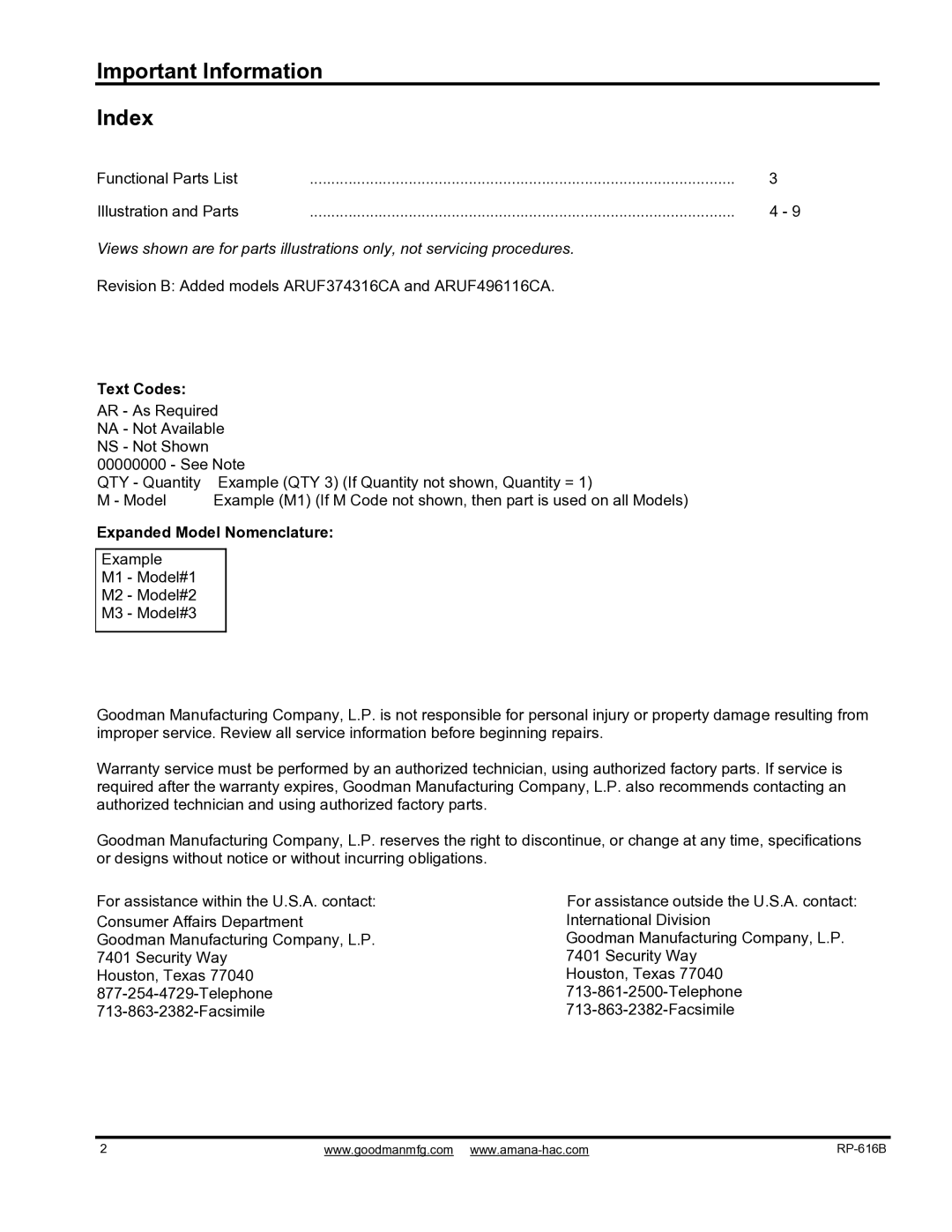 Goodman Mfg ARUF172916CA, ARUF486016CA, ARUF193116CA manual Text Codes, Expanded Model Nomenclature, International Division 