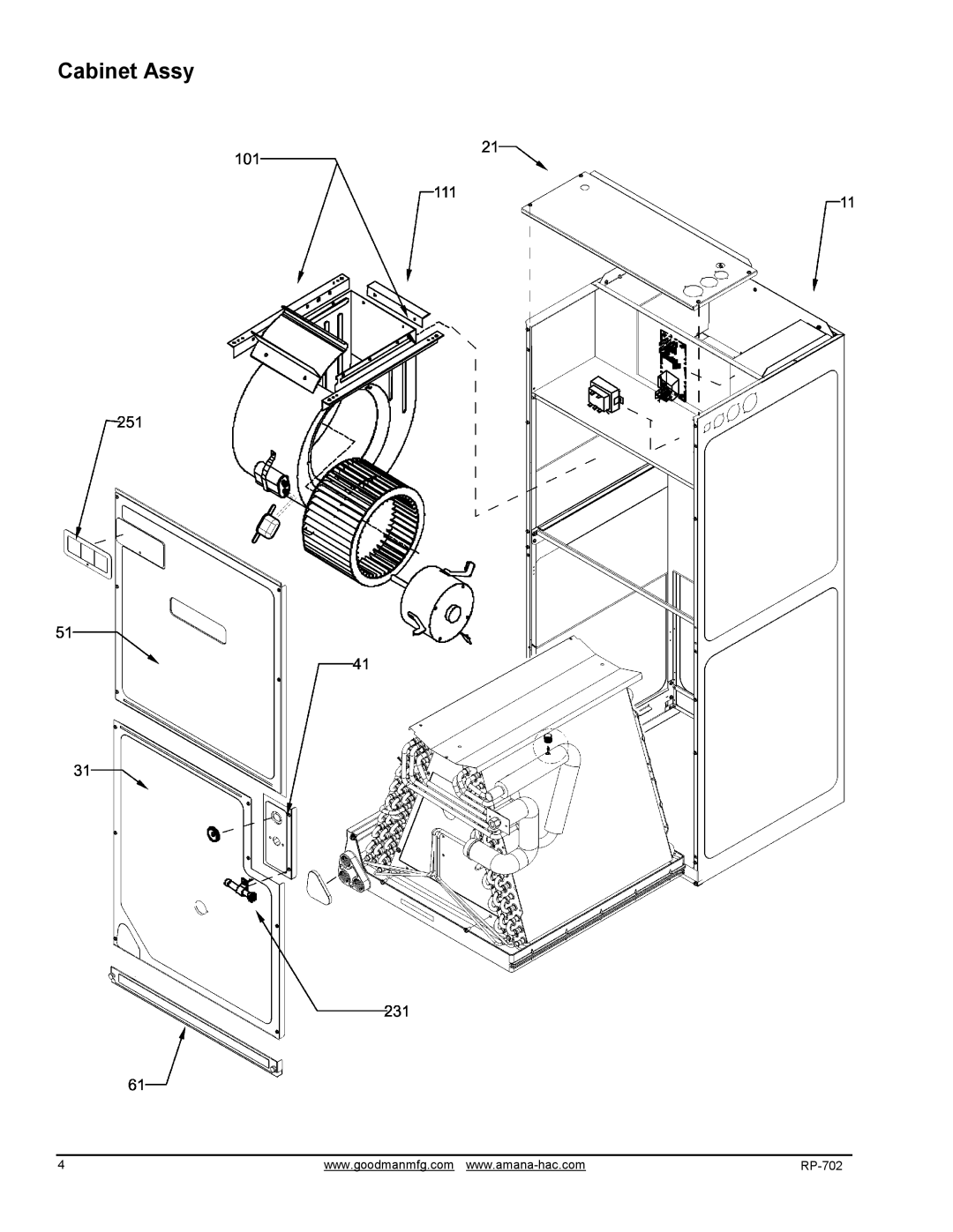 Goodman Mfg ARUF36C14AA, ARUF60D14AA, ARUF30B14AA, ARUF24B14AA, ARUF48D14AA, ARUF18B14AA, ARUF42C14AA manual Cabinet Assy 