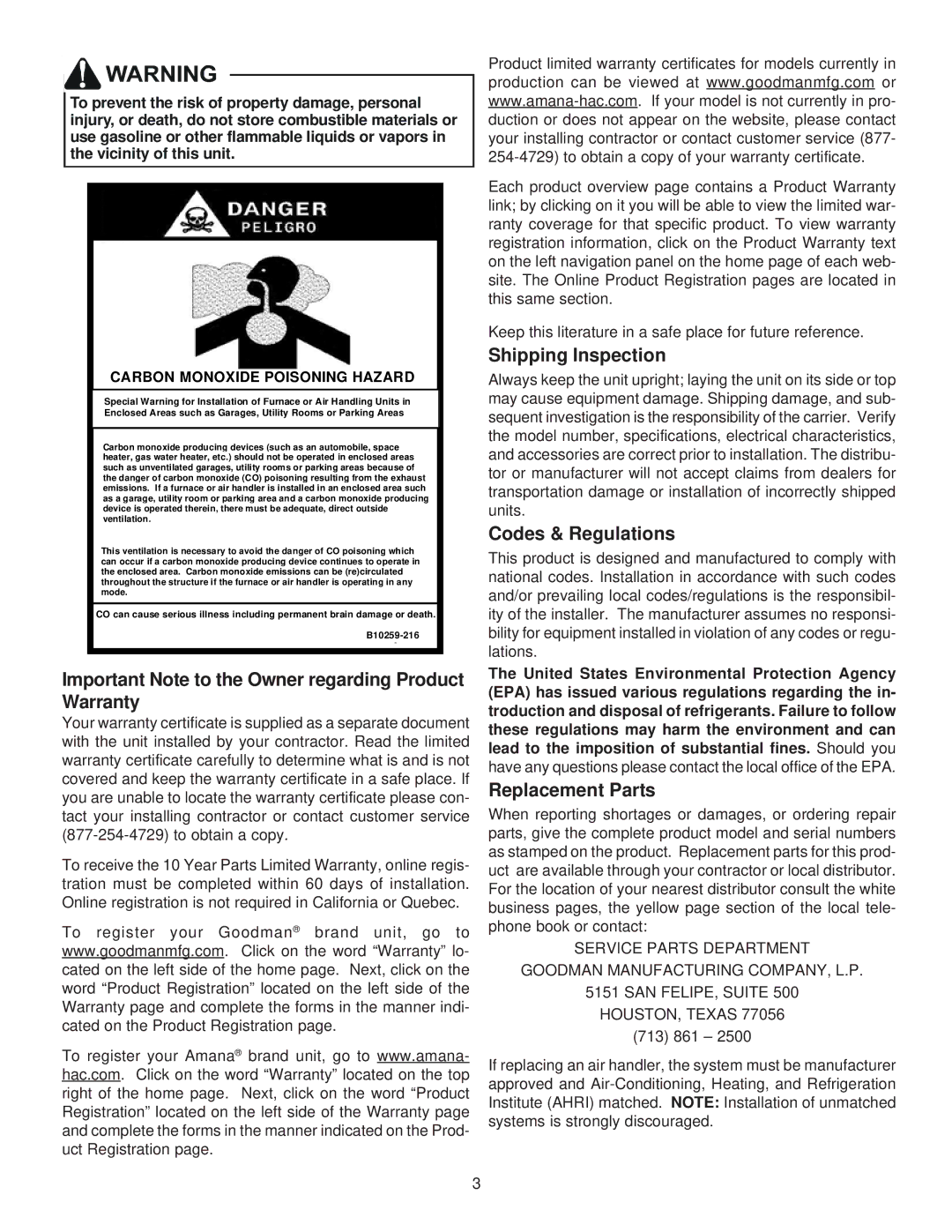 Goodman Mfg ADPF, ATUF Important Note to the Owner regarding Product Warranty, Shipping Inspection, Codes & Regulations 