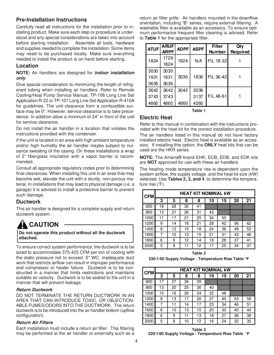 Goodman Mfg ATUF, ASPF, ARUF, ADPF installation manual Pre-Installation Instructions, Location, Ductwork, Electric Heat 