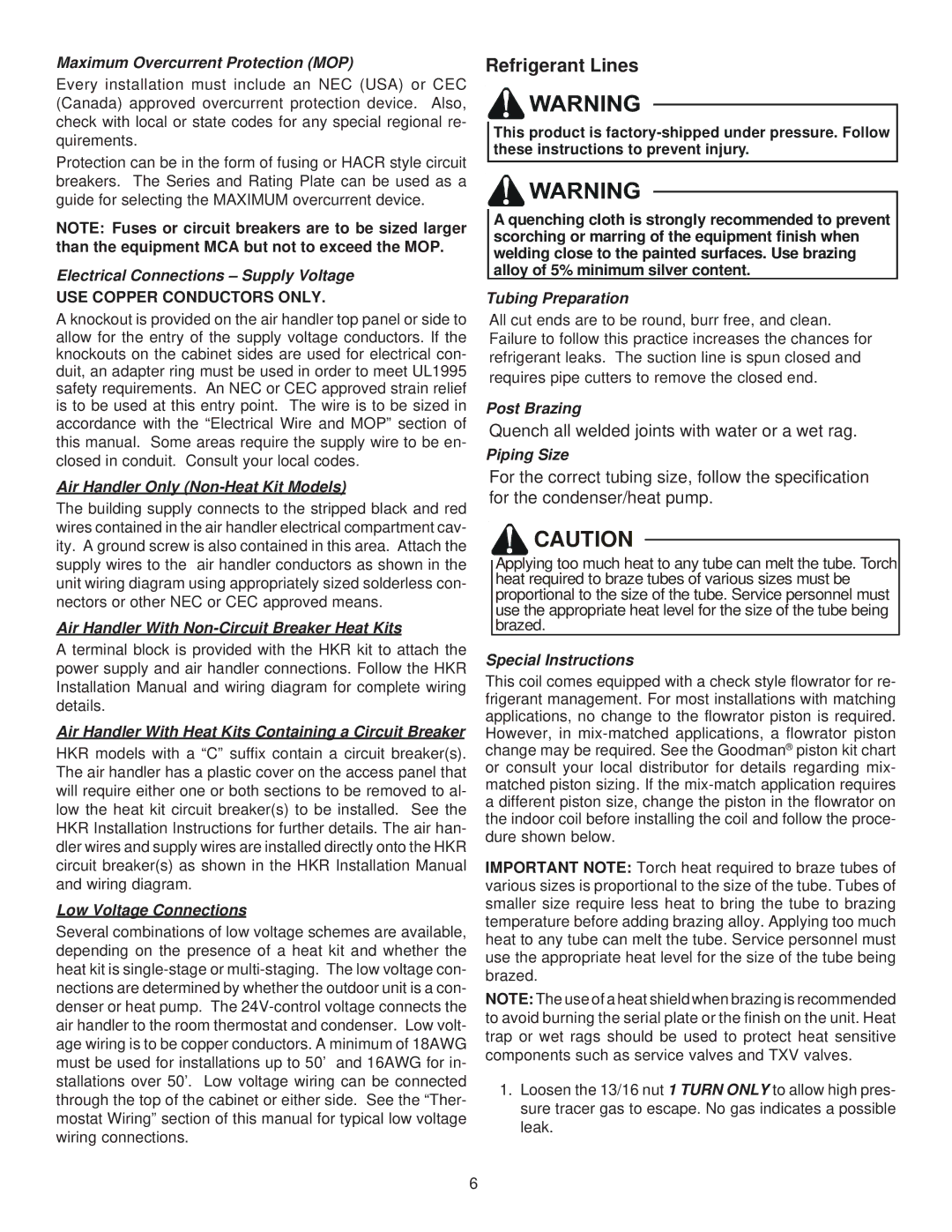 Goodman Mfg ARUF, ATUF, ASPF, ADPF installation manual Refrigerant Lines, Maximum Overcurrent Protection MOP 