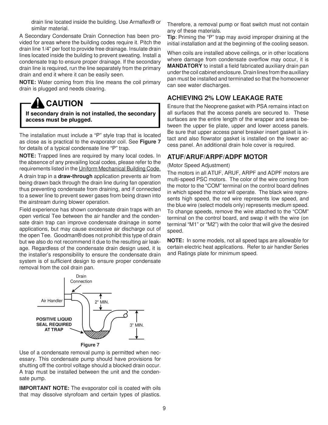 Goodman Mfg ASPF installation manual Achieving 2% LOW Leakage Rate, ATUF/ARUF/ARPF/ADPF Motor 