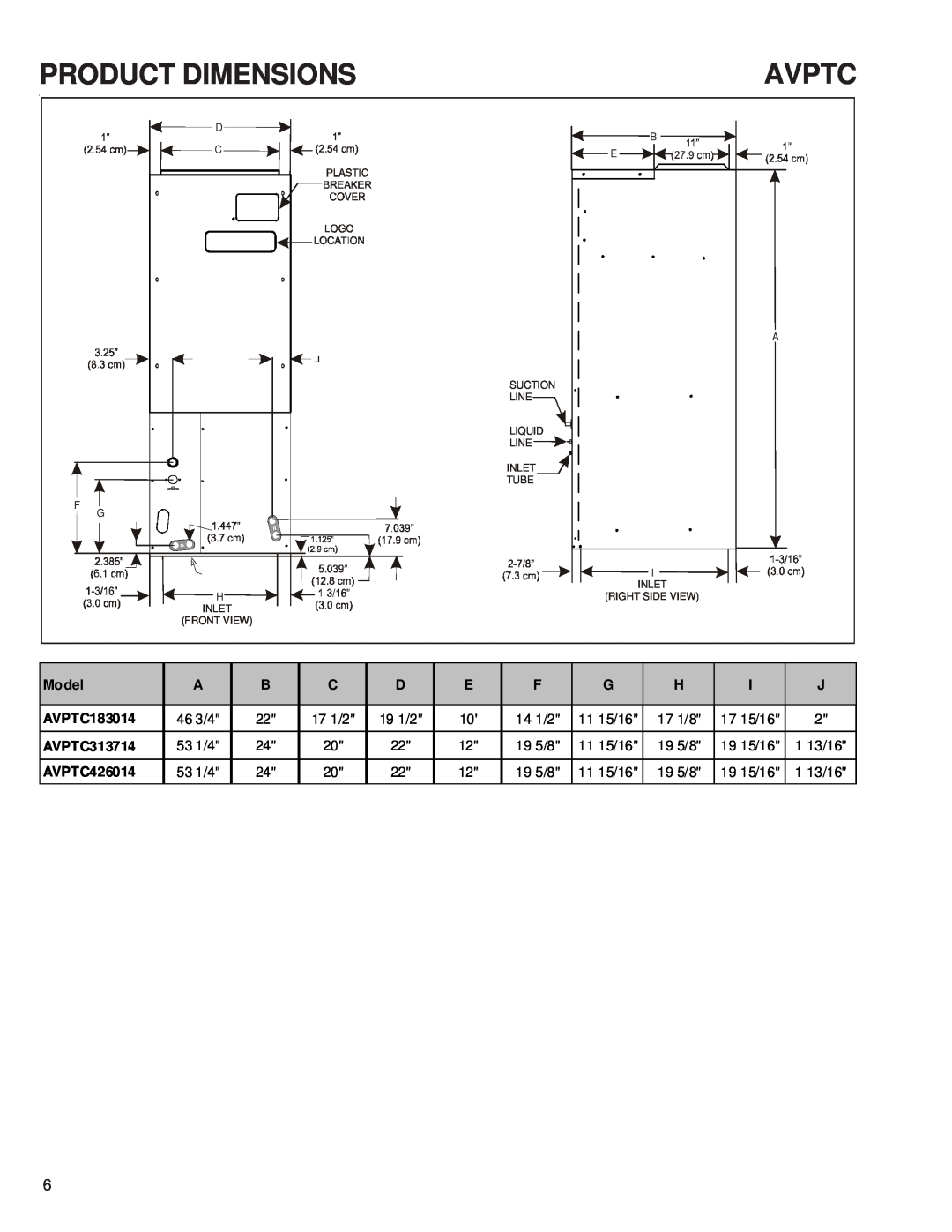 Goodman Mfg AVPTC183014, AVPTC313714 service manual Product Dimensions, Avptc 