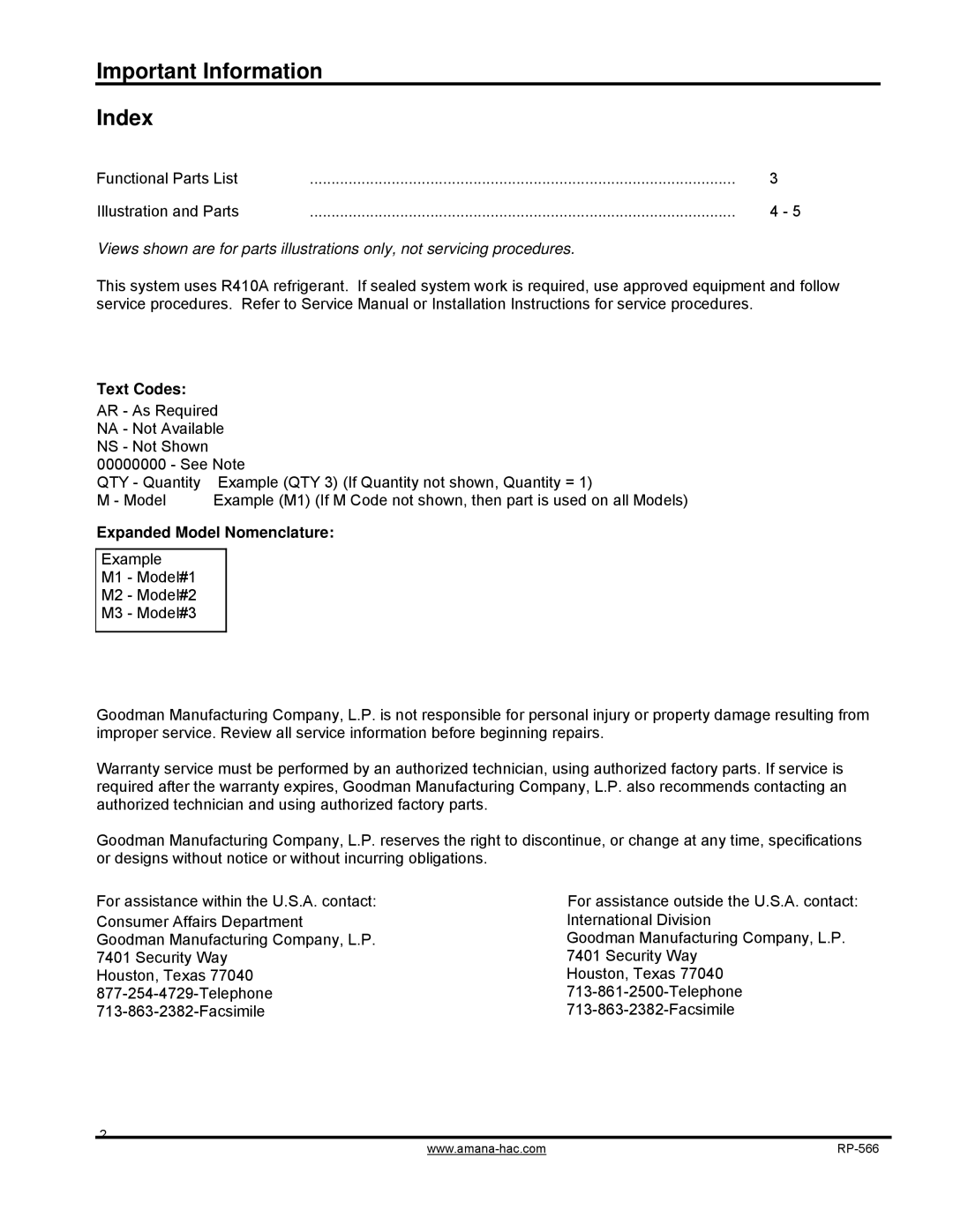 Goodman Mfg AVPTC313714AA Important Information Index, Text Codes, Expanded Model Nomenclature, International Division 