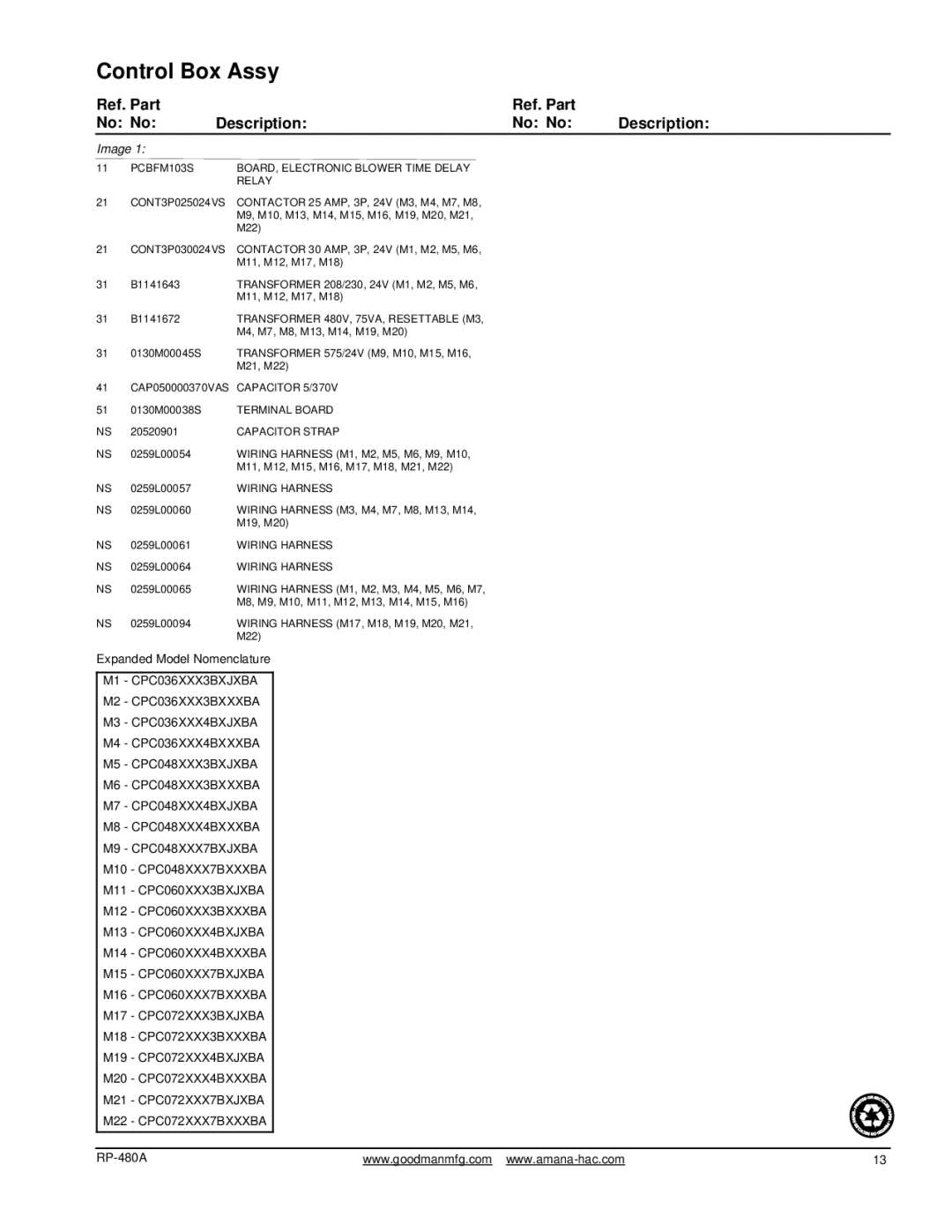 Goodman Mfg CPC048XXX3BXJXBA, CPC048XXX7BXXXBA manual Transformer 480V, 75VA, Resettable M3, Capacitor Strap, Wiring Harness 