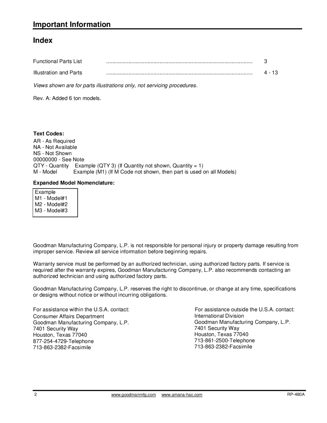 Goodman Mfg CPC060XXX7BXJXBA, CPC048XXX7BXXXBA manual Text Codes, Expanded Model Nomenclature, International Division 