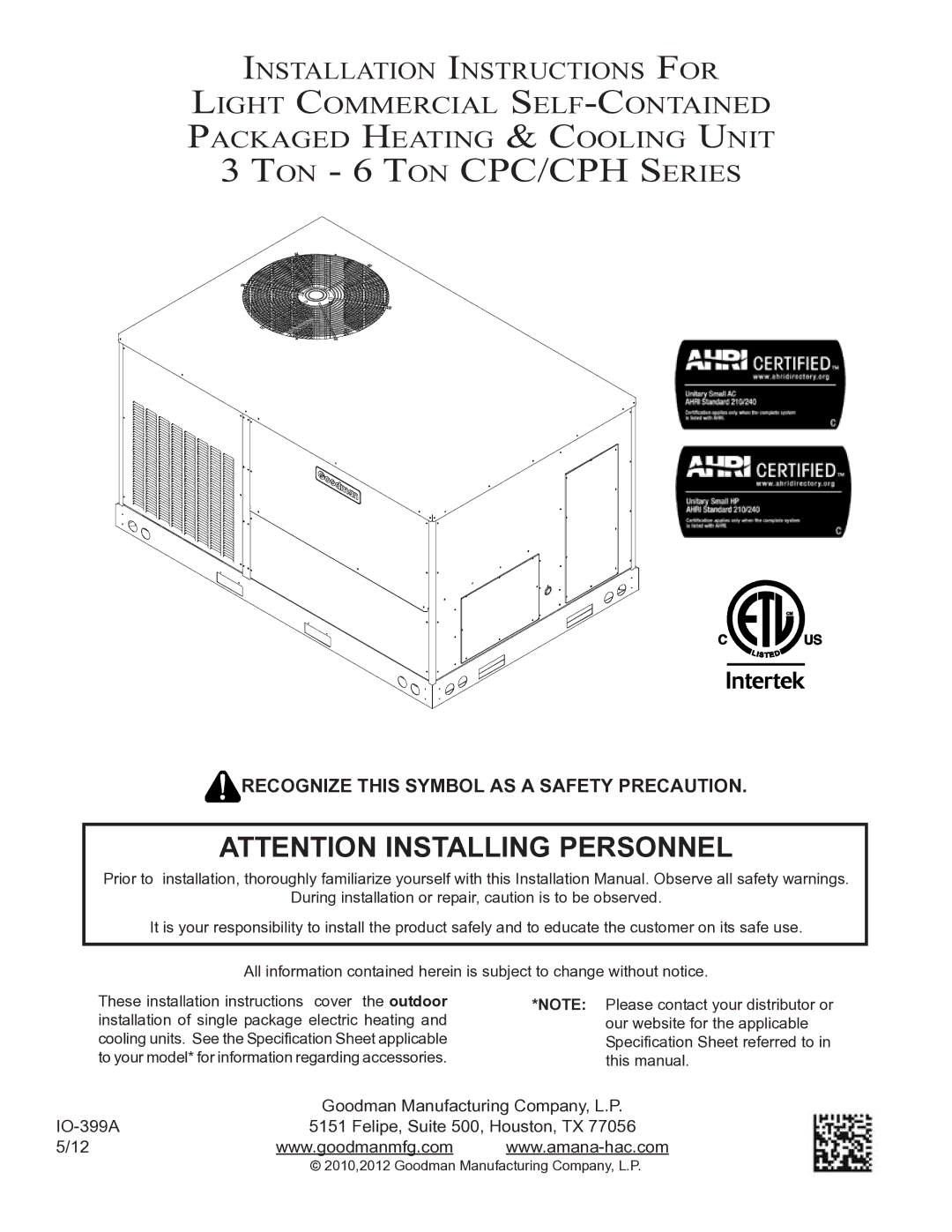 Goodman Mfg installation instructions TON 6 TON CPC/CPH Series 