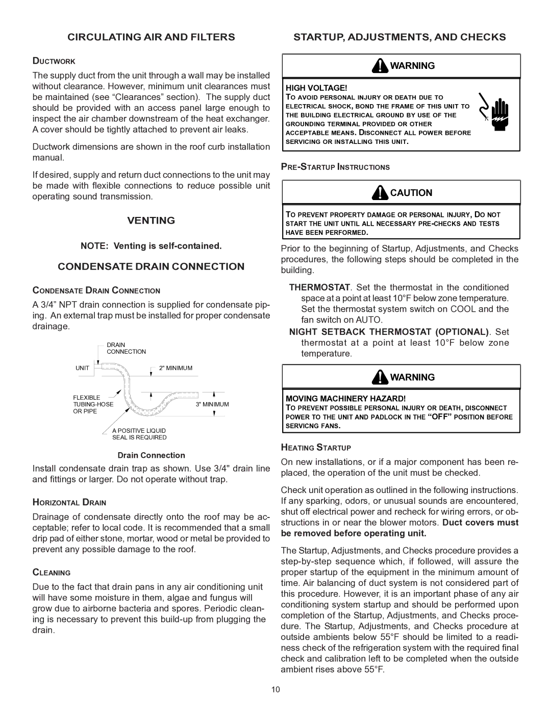 Goodman Mfg CPC/CPH Circulating AIR and Filters, Venting Condensate Drain Connection, STARTUP, ADJUSTMENTS, and Checks 