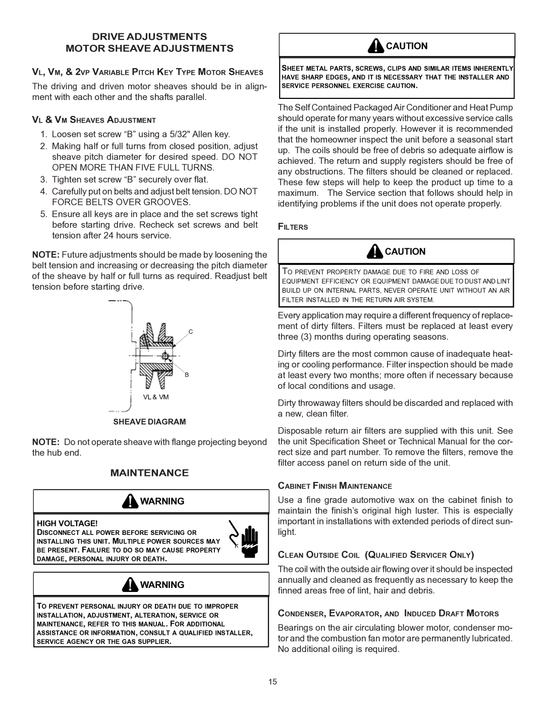 Goodman Mfg CPC/CPH installation instructions Drive Adjustments Motor Sheave Adjustments, Maintenance 