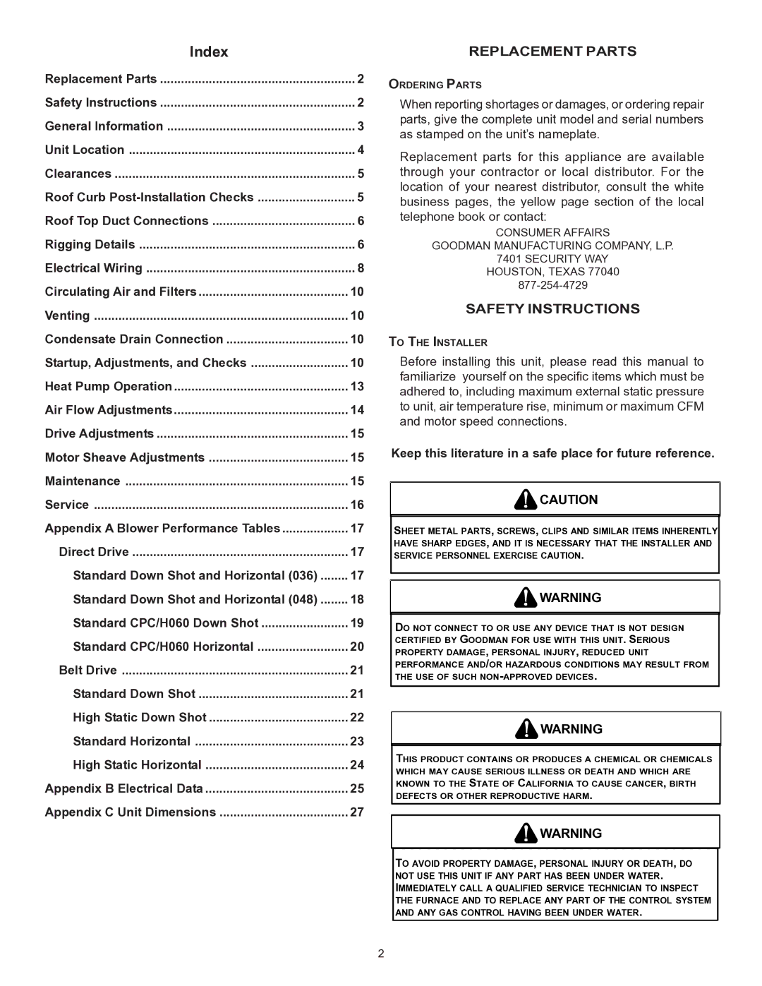 Goodman Mfg CPC/CPH installation instructions Replacement Parts, Safety Instructions 