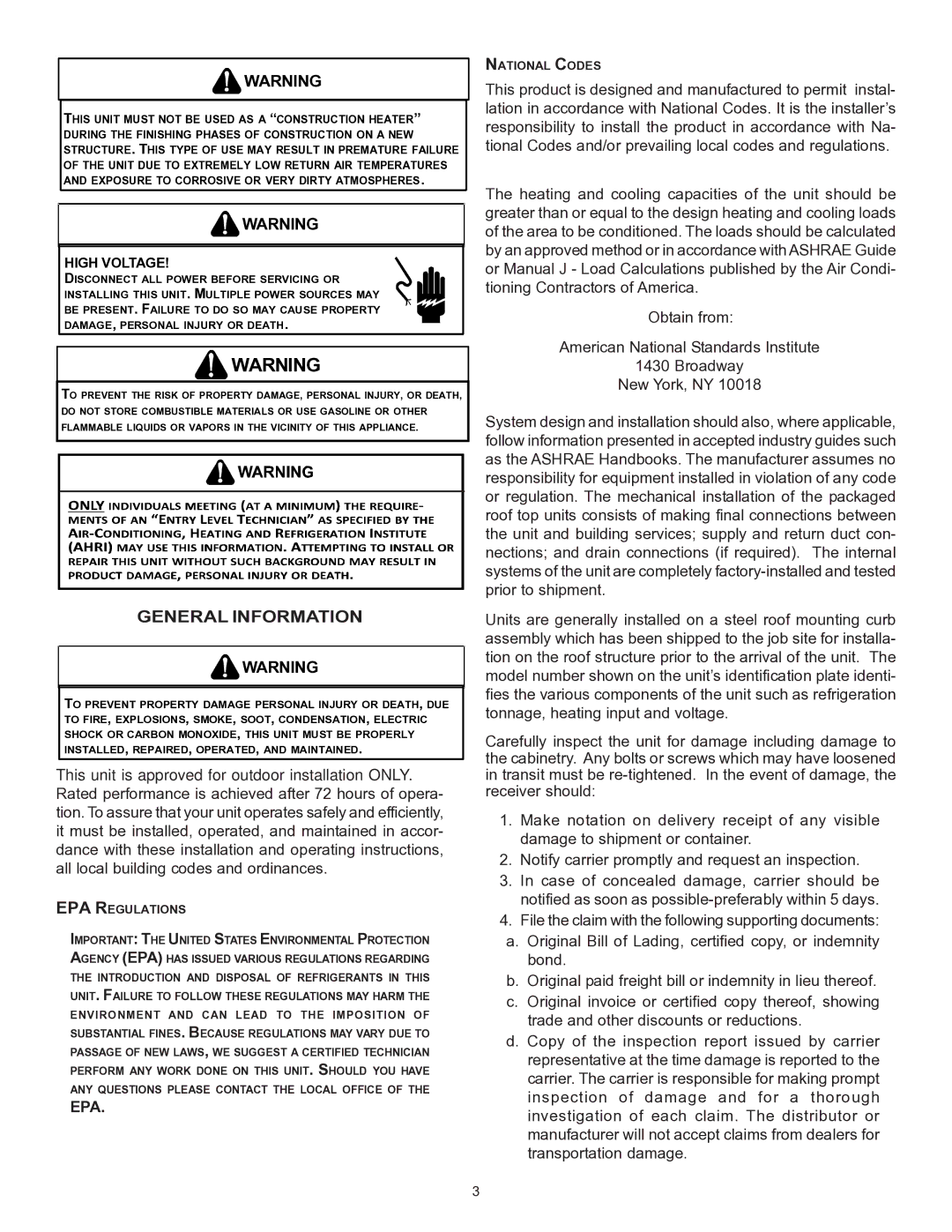 Goodman Mfg CPC/CPH installation instructions General Information, High Voltage 