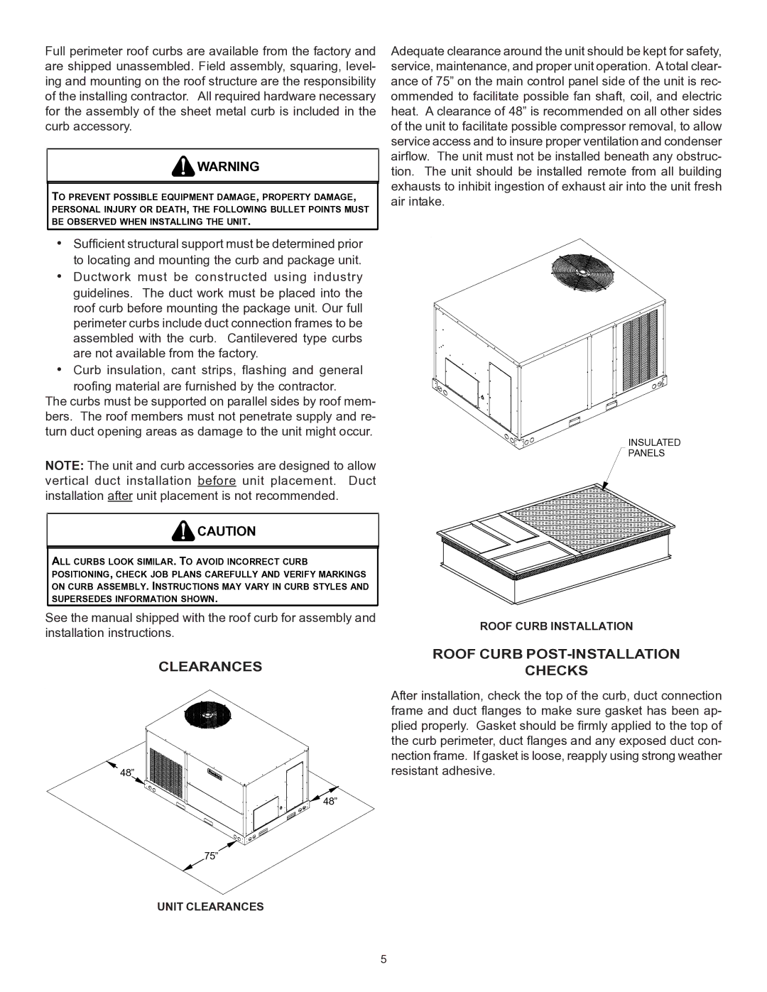 Goodman Mfg CPC/CPH installation instructions Clearances, Roof Curb POST-INSTALLATION Checks 