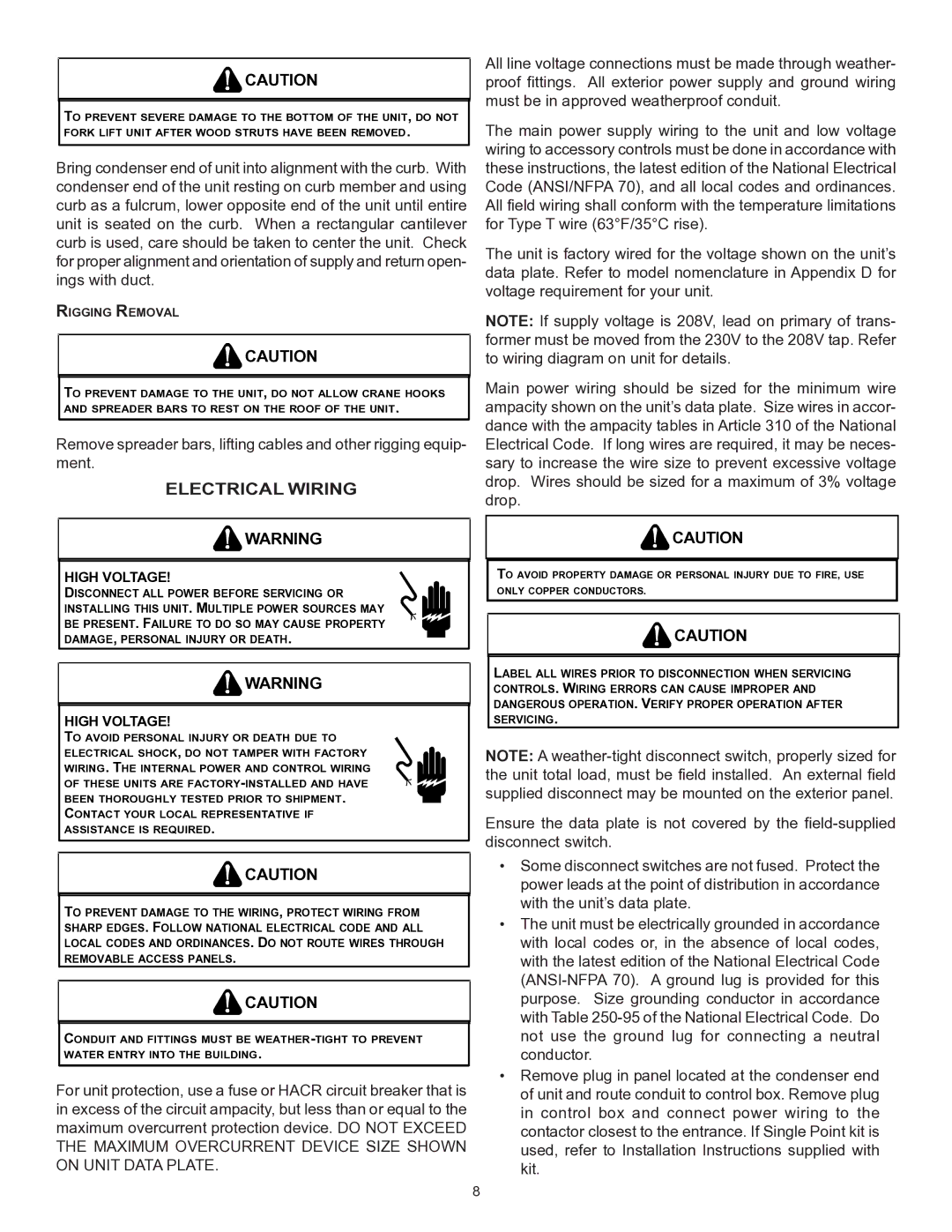 Goodman Mfg CPC/CPH installation instructions Electrical Wiring, Rigging Removal 