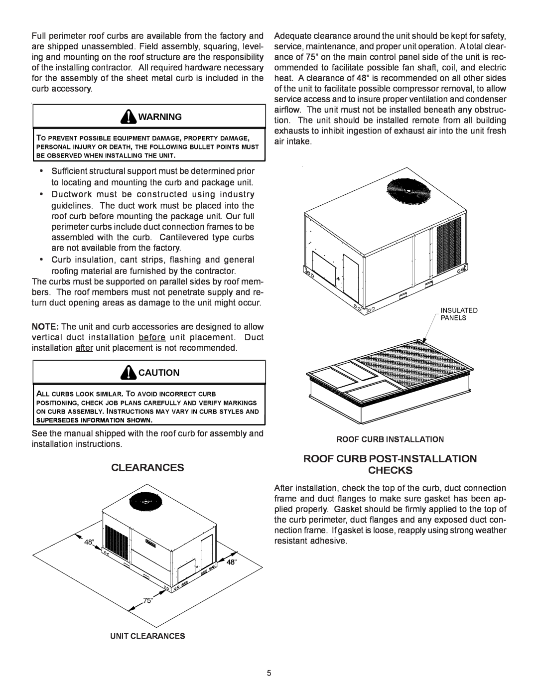 Goodman Mfg CPC/CPH installation instructions Clearances, Roof Curb Post-Installation Checks 