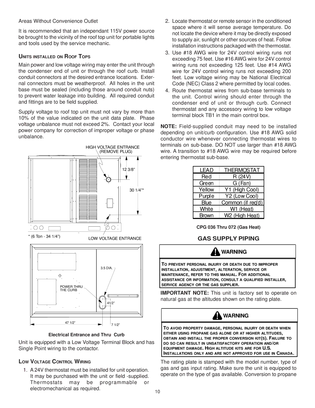 Goodman Mfg CPG SERIES installation manual GAS Supply Piping, Areas Without Convenience Outlet 