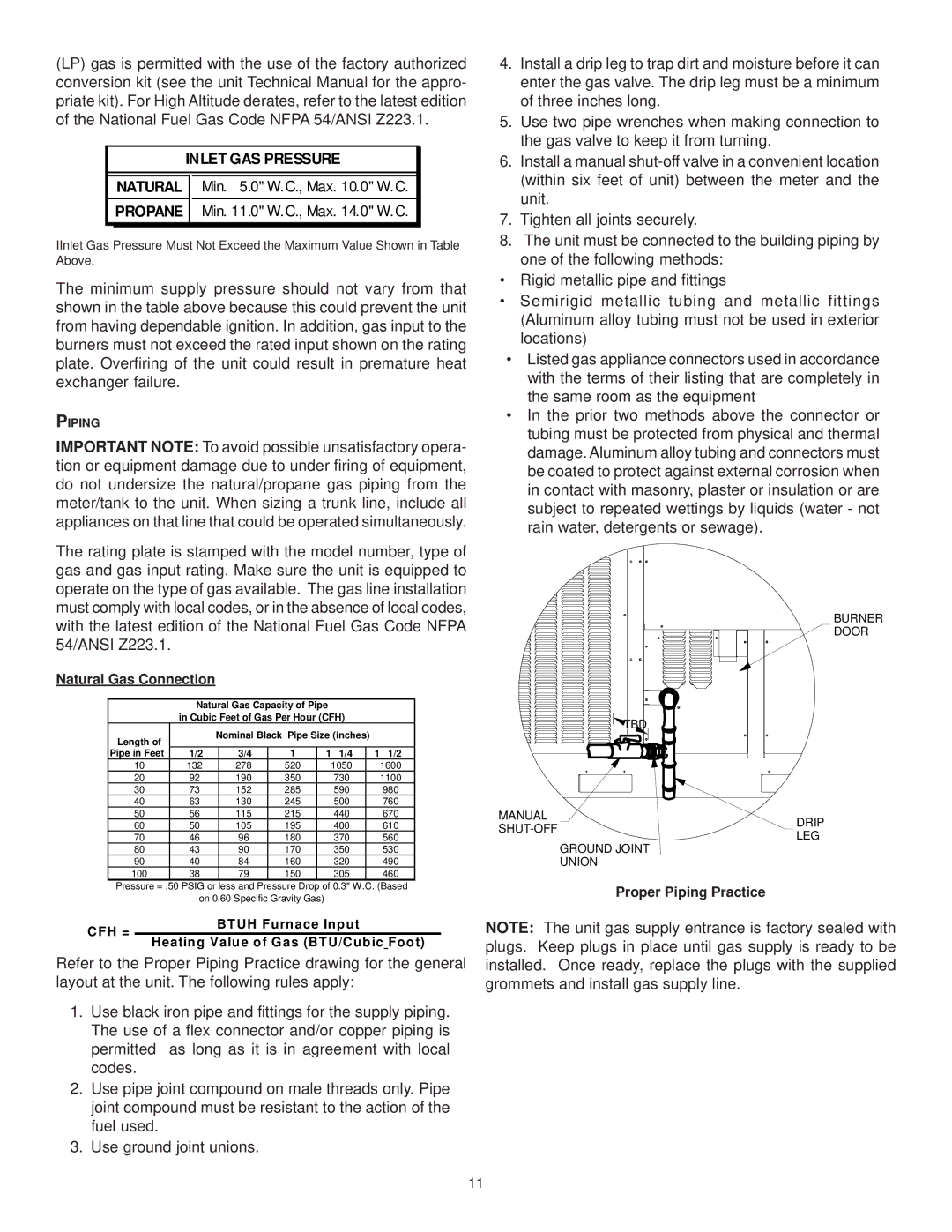 Goodman Mfg CPG SERIES installation manual Inlet GAS Pressure 