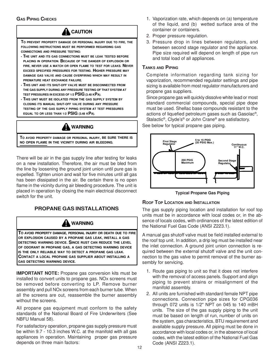 Goodman Mfg CPG SERIES installation manual Propane GAS Installations, GAS Piping Checks 