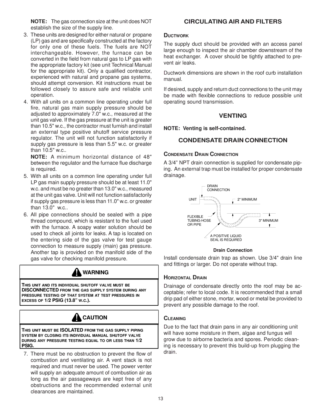 Goodman Mfg CPG SERIES installation manual Circulating AIR and Filters, Venting Condensate Drain Connection 