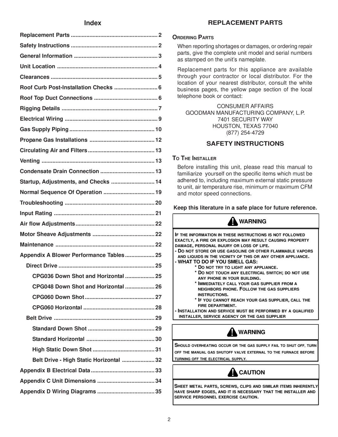 Goodman Mfg CPG SERIES installation manual Replacement Parts, Safety Instructions 