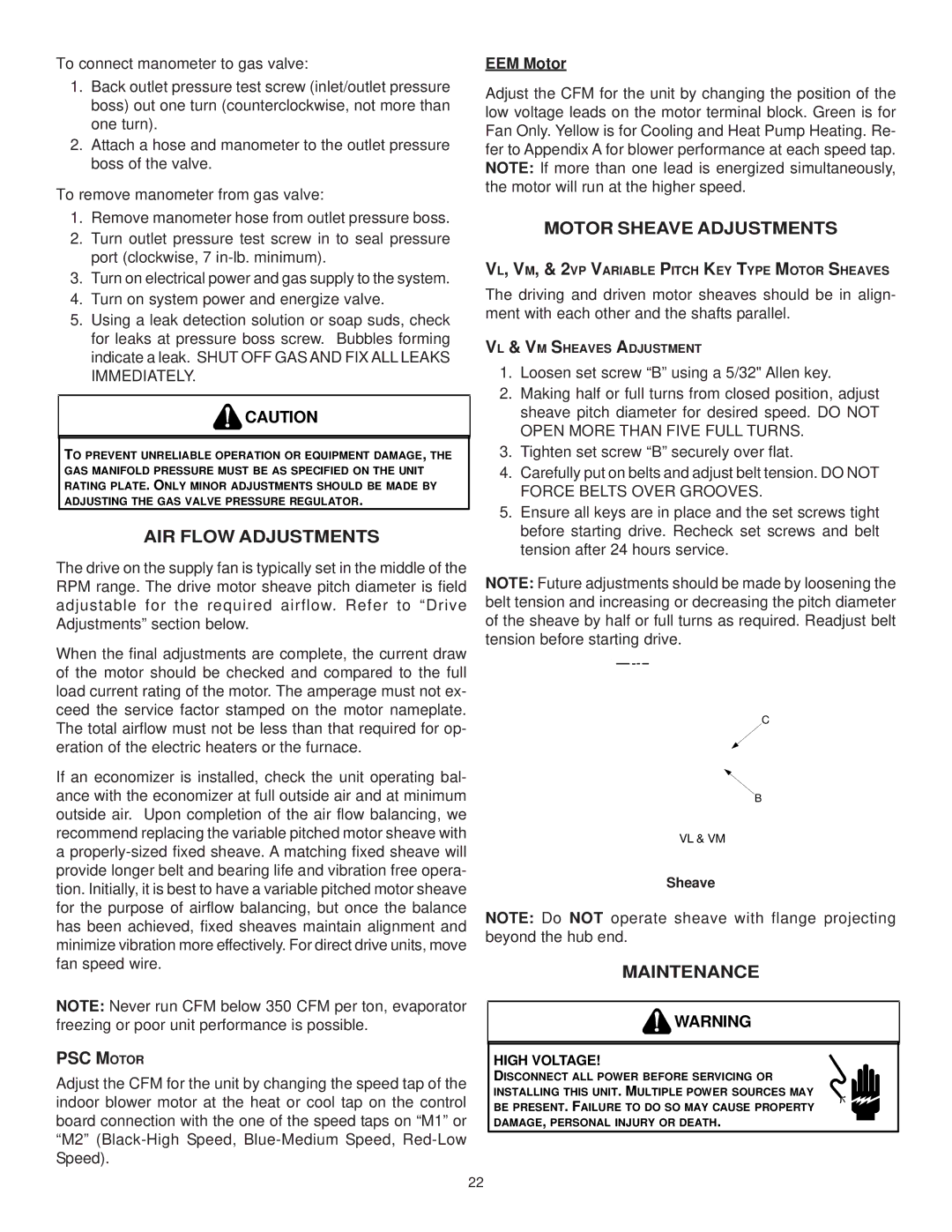 Goodman Mfg CPG SERIES installation manual AIR Flow Adjustments, PSC Motor, Motor Sheave Adjustments, Maintenance 