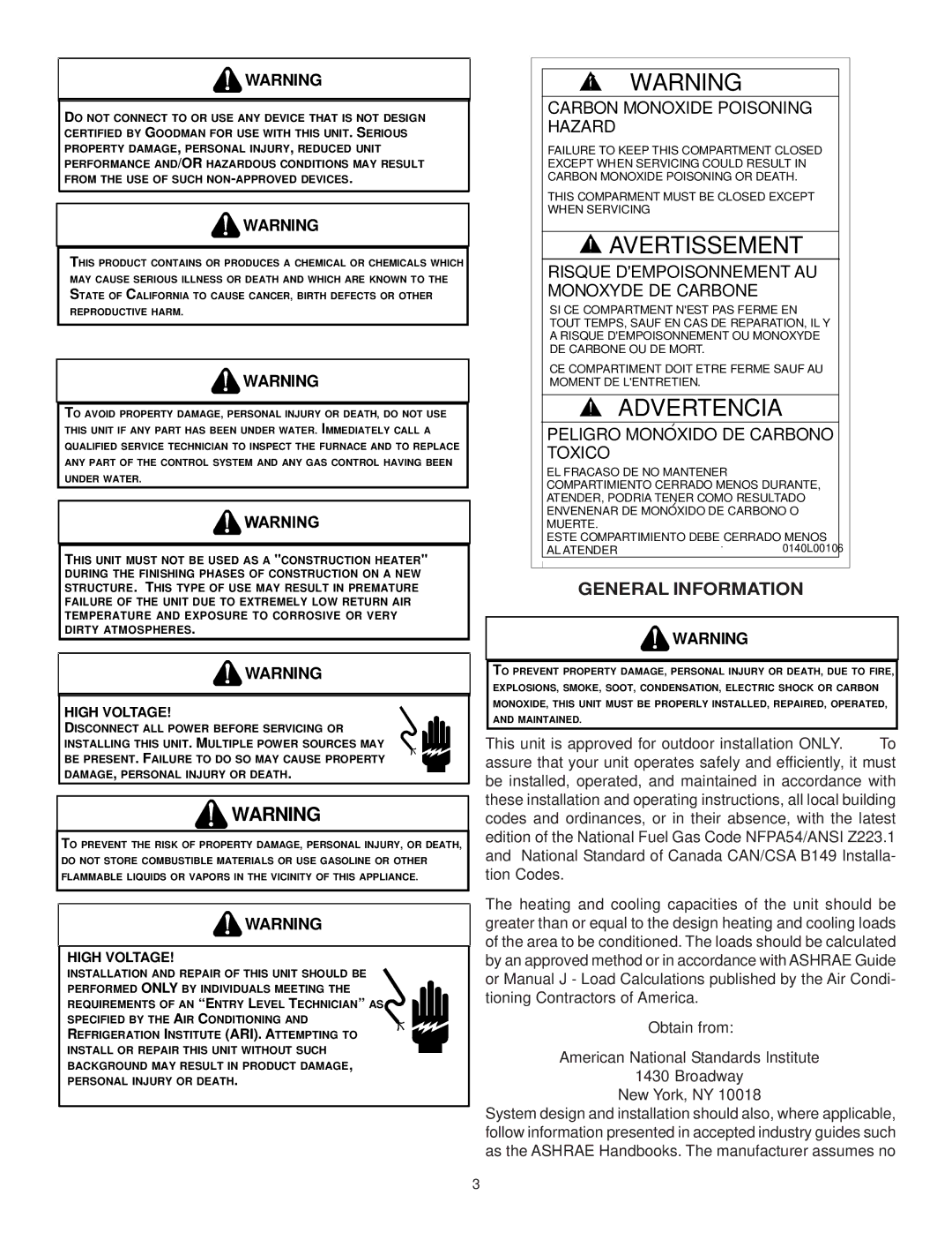 Goodman Mfg CPG SERIES installation manual General Information, High Voltage 