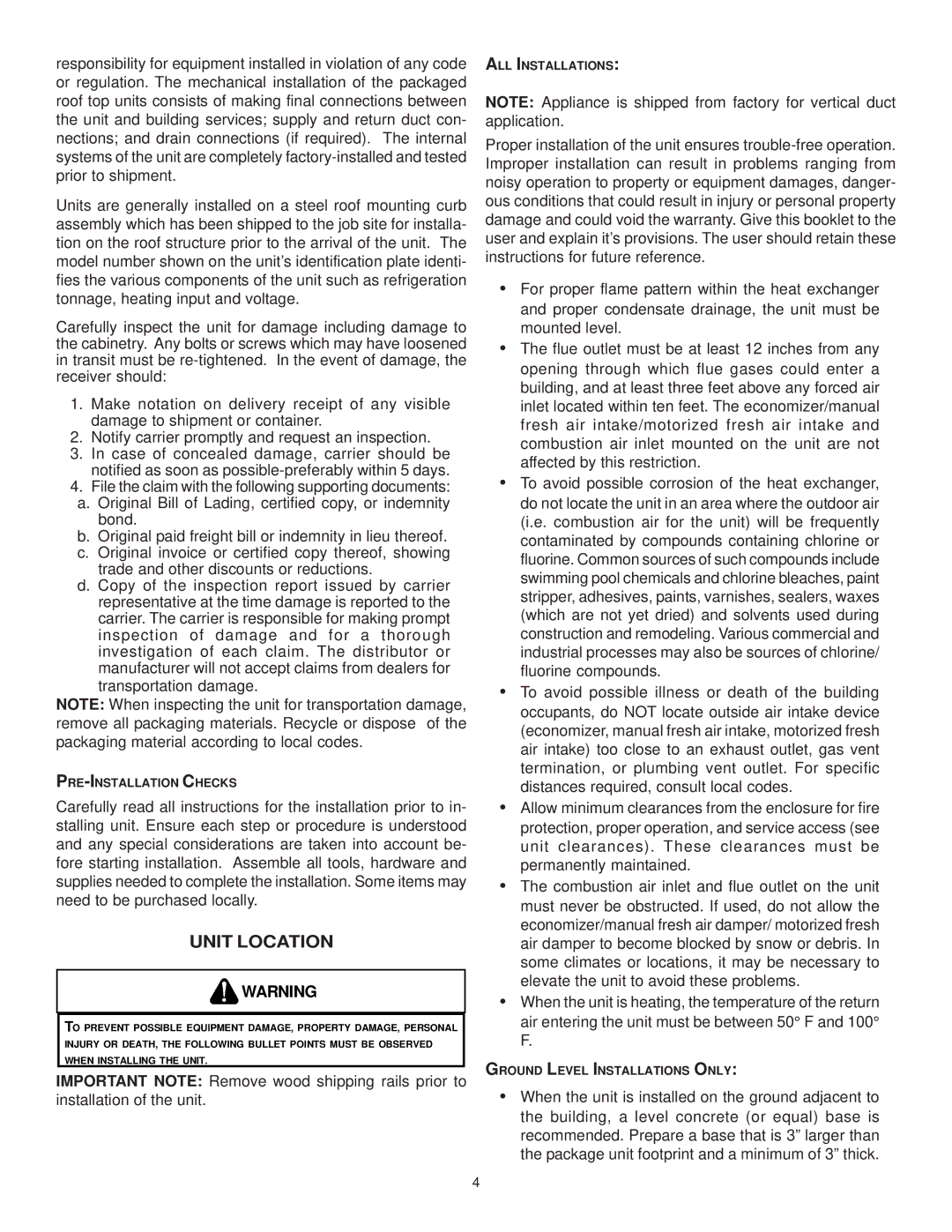 Goodman Mfg CPG SERIES installation manual Unit Location 