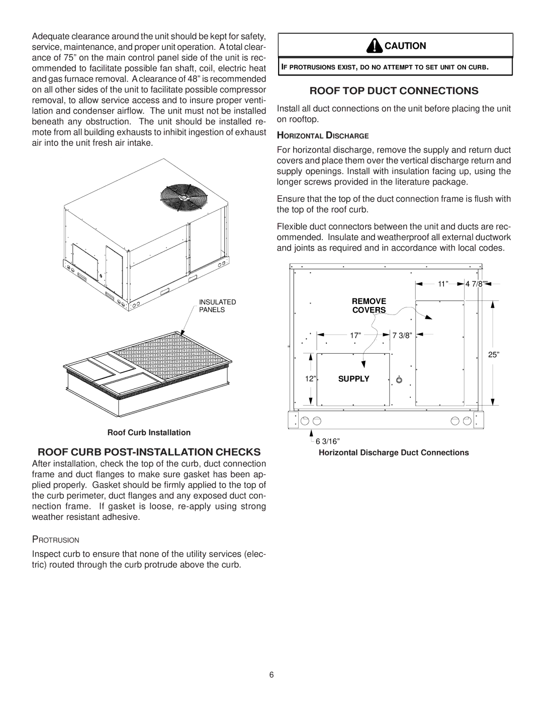 Goodman Mfg CPG SERIES installation manual Roof Curb POST-INSTALLATION Checks, Roof TOP Duct Connections 