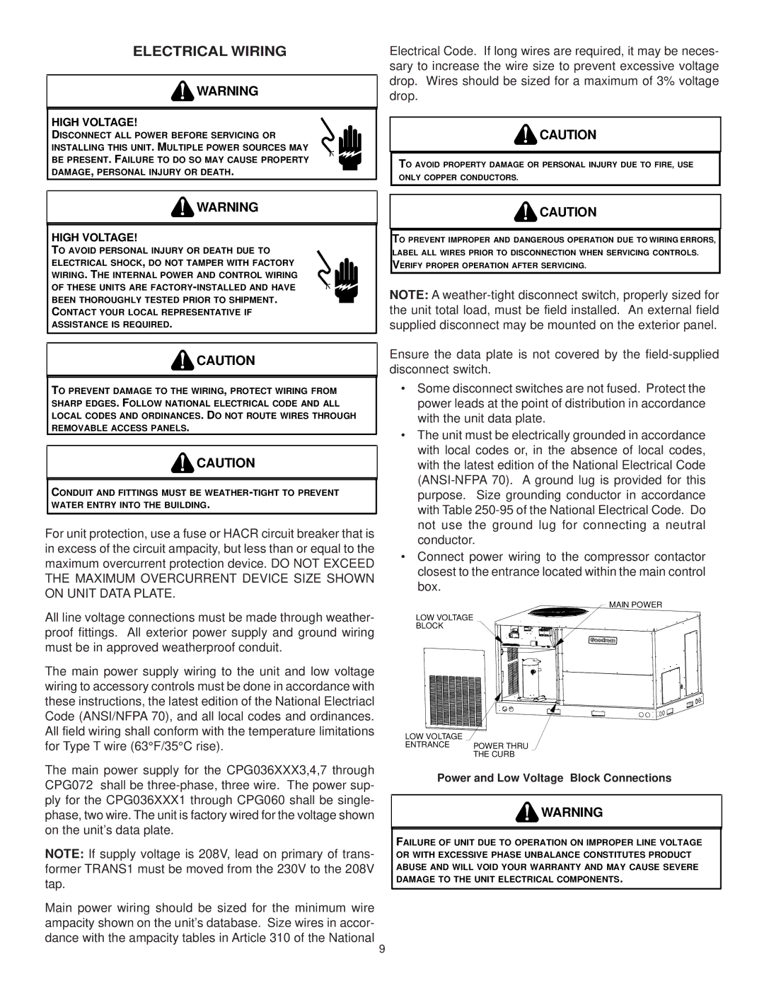 Goodman Mfg CPG SERIES installation manual Electrical Wiring, Power and Low Voltage Block Connections 