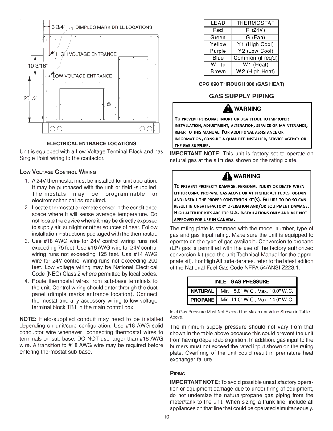 Goodman Mfg CPG SERIES installation instructions GAS Supply Piping, CPG 090 Through 300 GAS Heat 