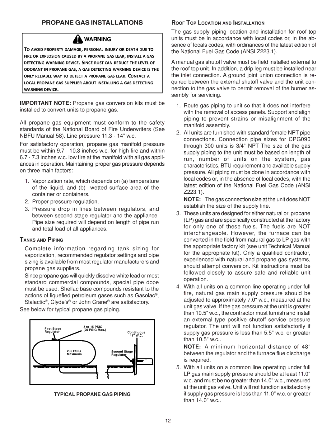 Goodman Mfg CPG SERIES installation instructions Propane GAS Installations, Typical Propane GAS Piping 