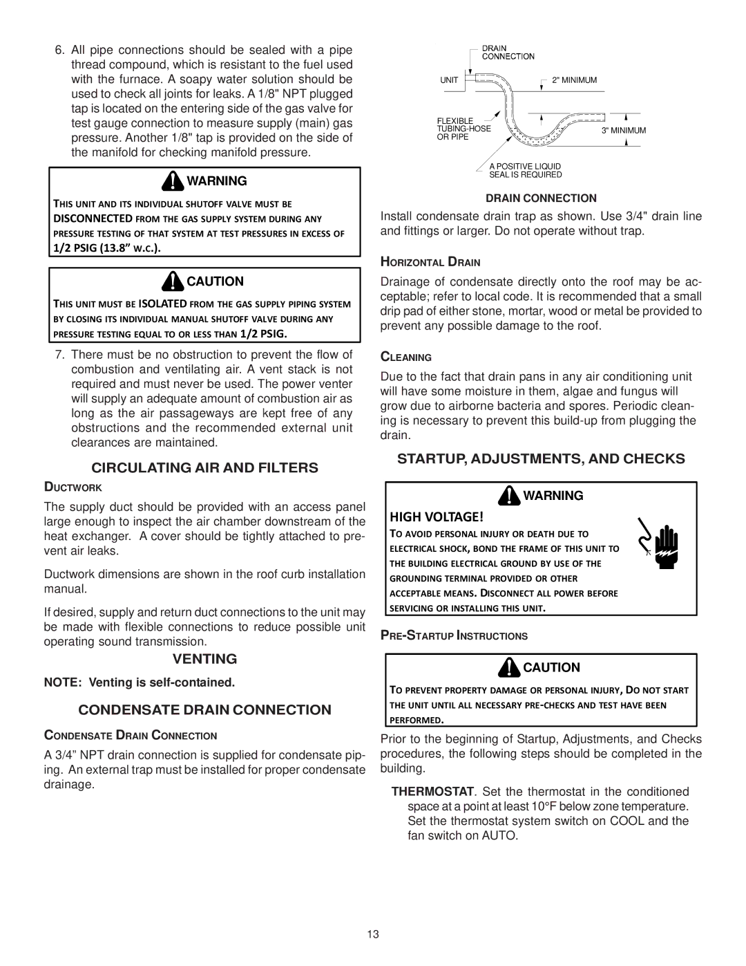 Goodman Mfg CPG SERIES Circulating AIR and Filters, Venting Condensate Drain Connection, STARTUP, ADJUSTMENTS, and Checks 