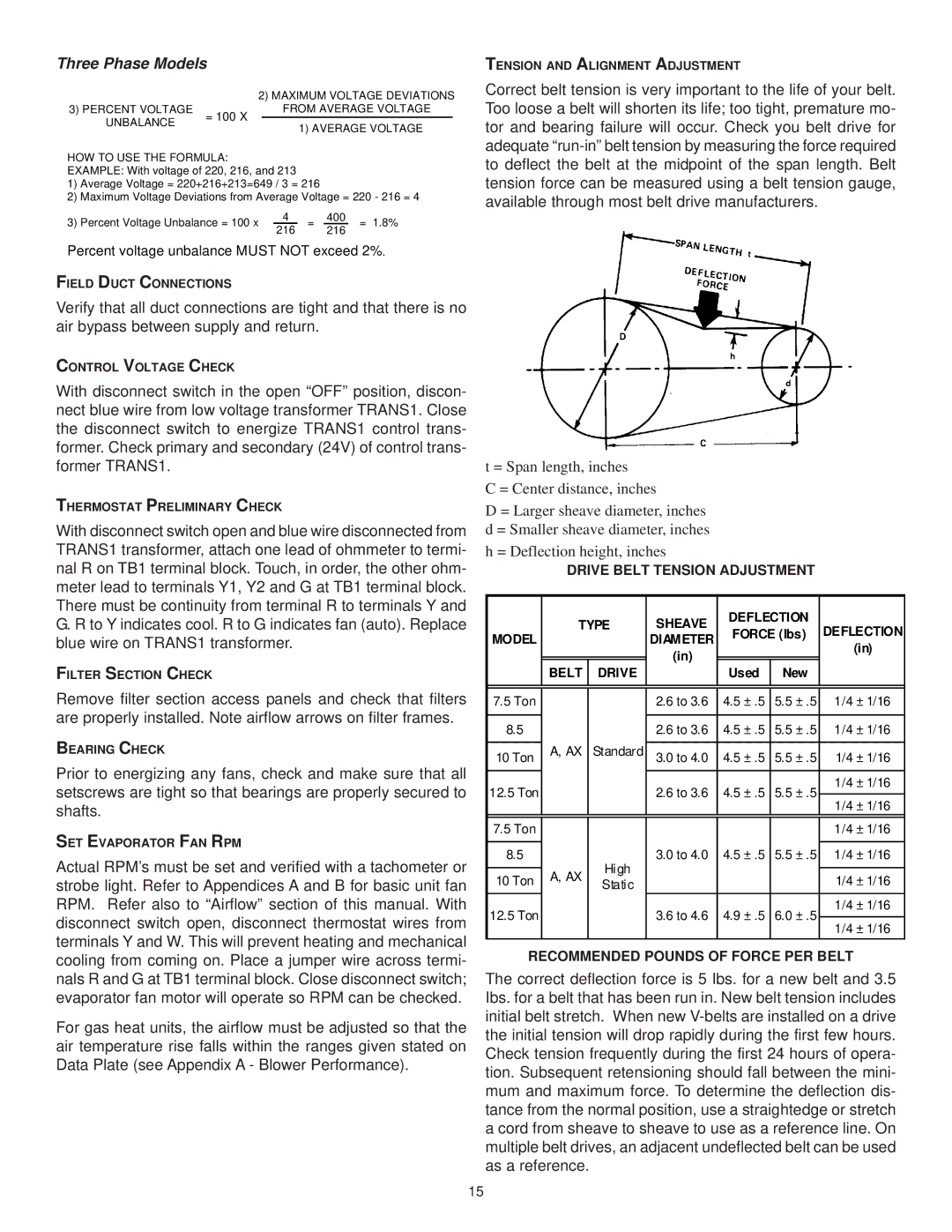 Goodman Mfg CPG SERIES installation instructions Drive Belt Tension Adjustment, Recommended Pounds of Force PER Belt 