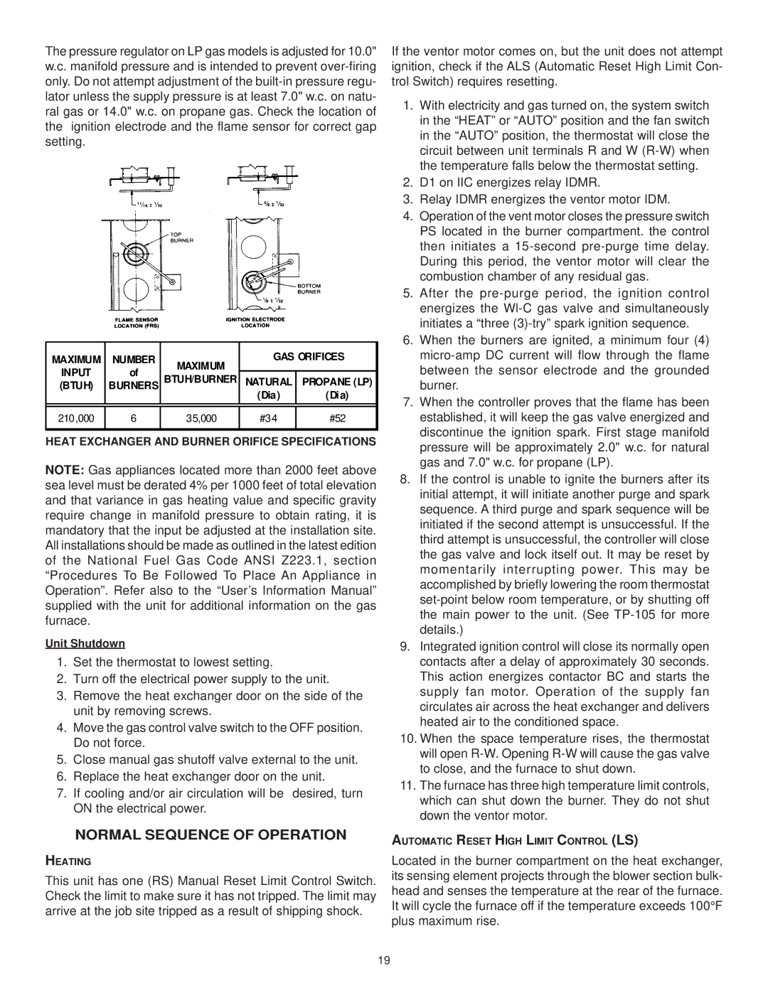 Goodman Mfg CPG SERIES Normal Sequence of Operation, Heat Exchanger and Burner Orifice Specifications 