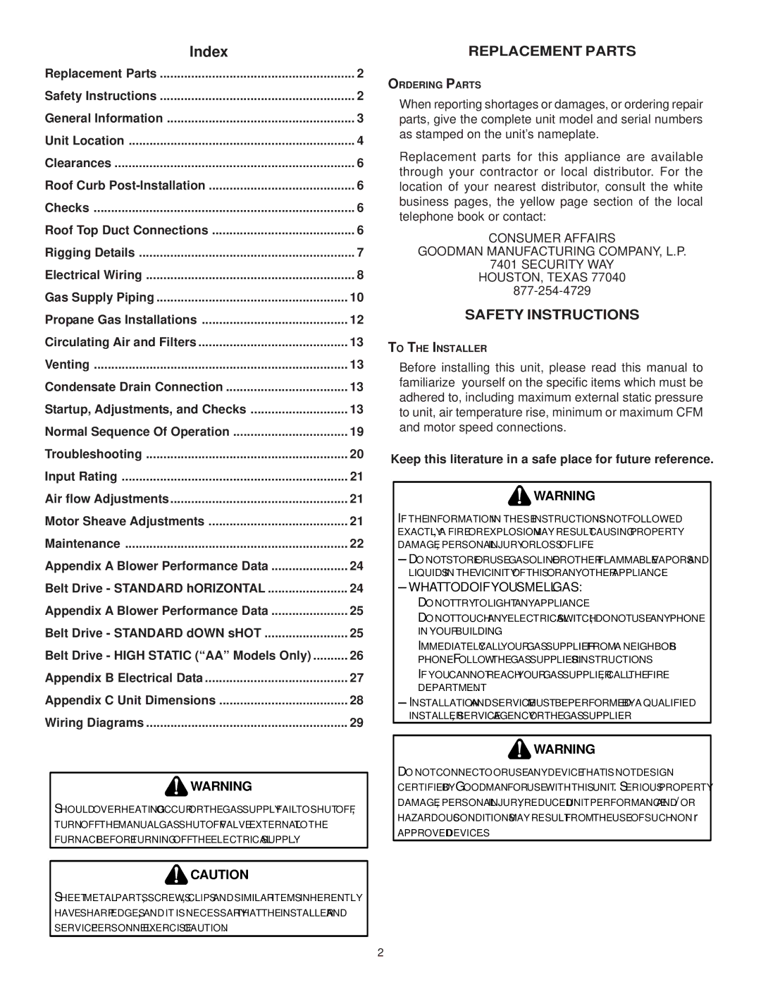 Goodman Mfg CPG SERIES installation instructions Replacement Parts, Safety Instructions 