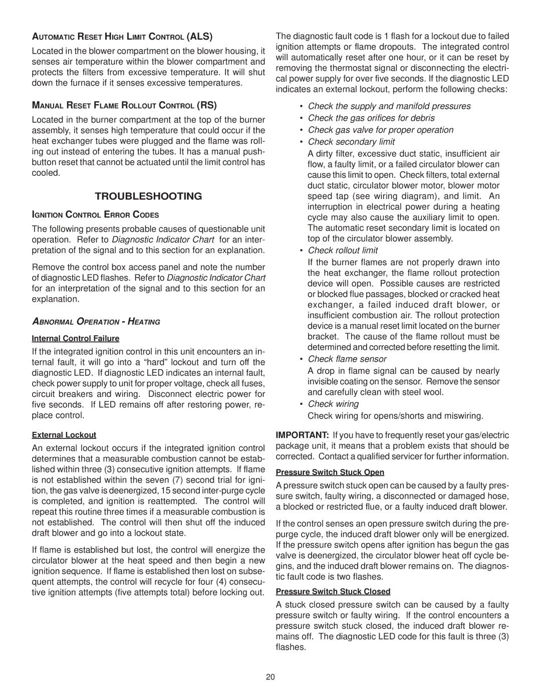 Goodman Mfg CPG SERIES installation instructions Troubleshooting, Check rollout limit 