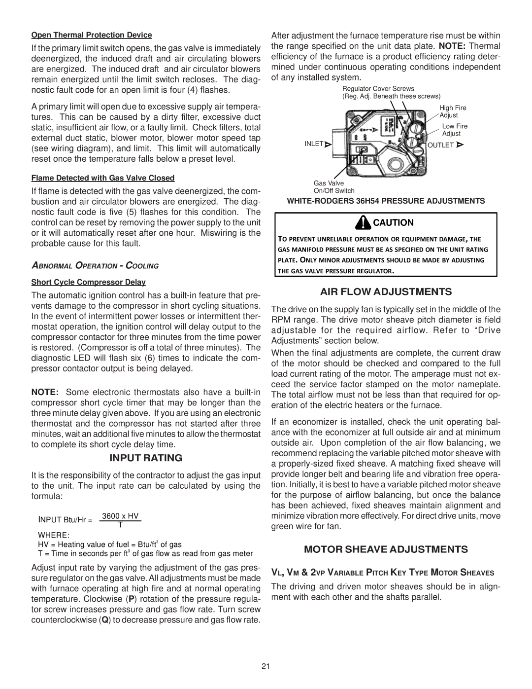 Goodman Mfg CPG SERIES installation instructions Input Rating, AIR Flow Adjustments, Motor Sheave Adjustments 