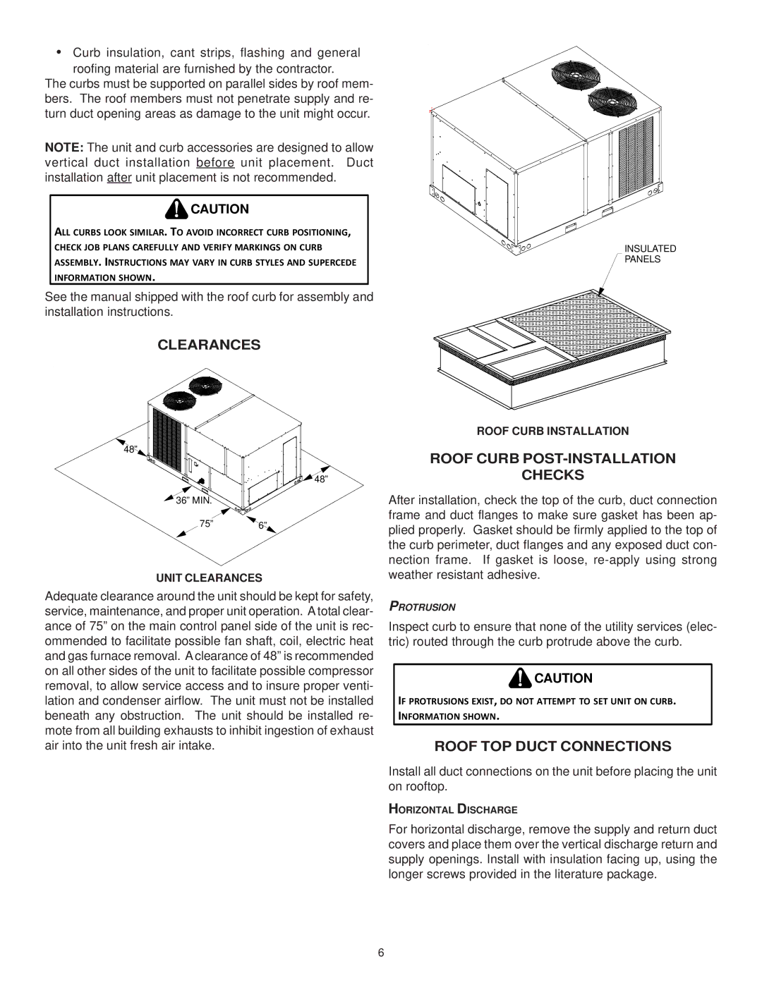 Goodman Mfg CPG SERIES Roof Curb POST-INSTALLATION Checks, Roof TOP Duct Connections, Unit Clearances 