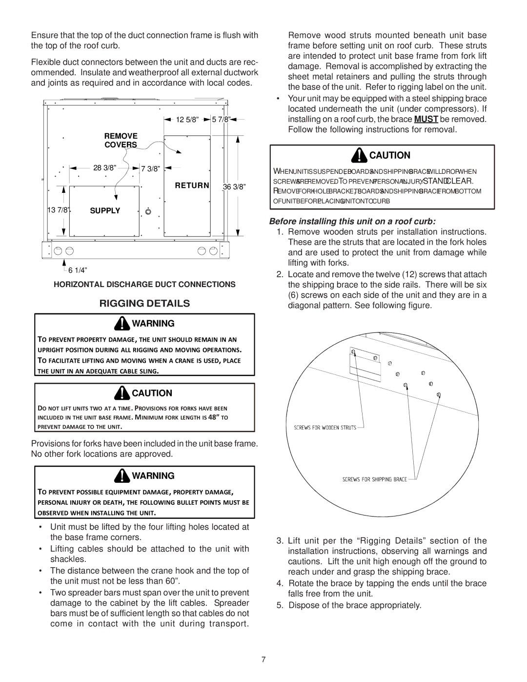 Goodman Mfg CPG SERIES installation instructions Rigging Details, Horizontal Discharge Duct Connections 