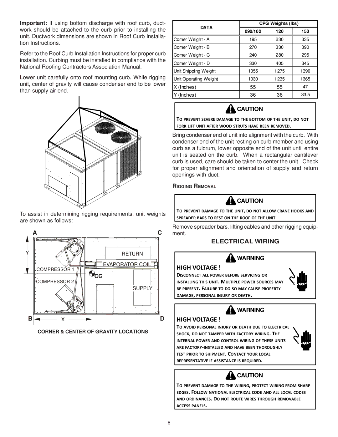 Goodman Mfg CPG SERIES installation instructions Electrical Wiring, Corner & Center of Gravity Locations 