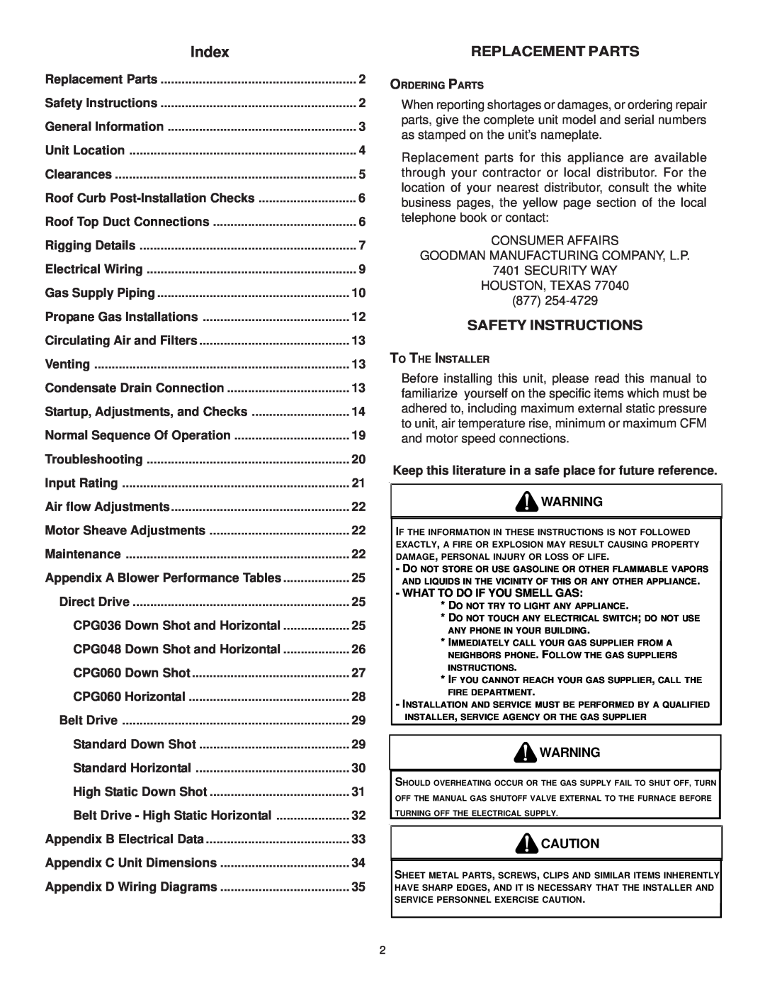 Goodman Mfg CPG SERIES installation manual Index, Replacement Parts, Safety Instructions 