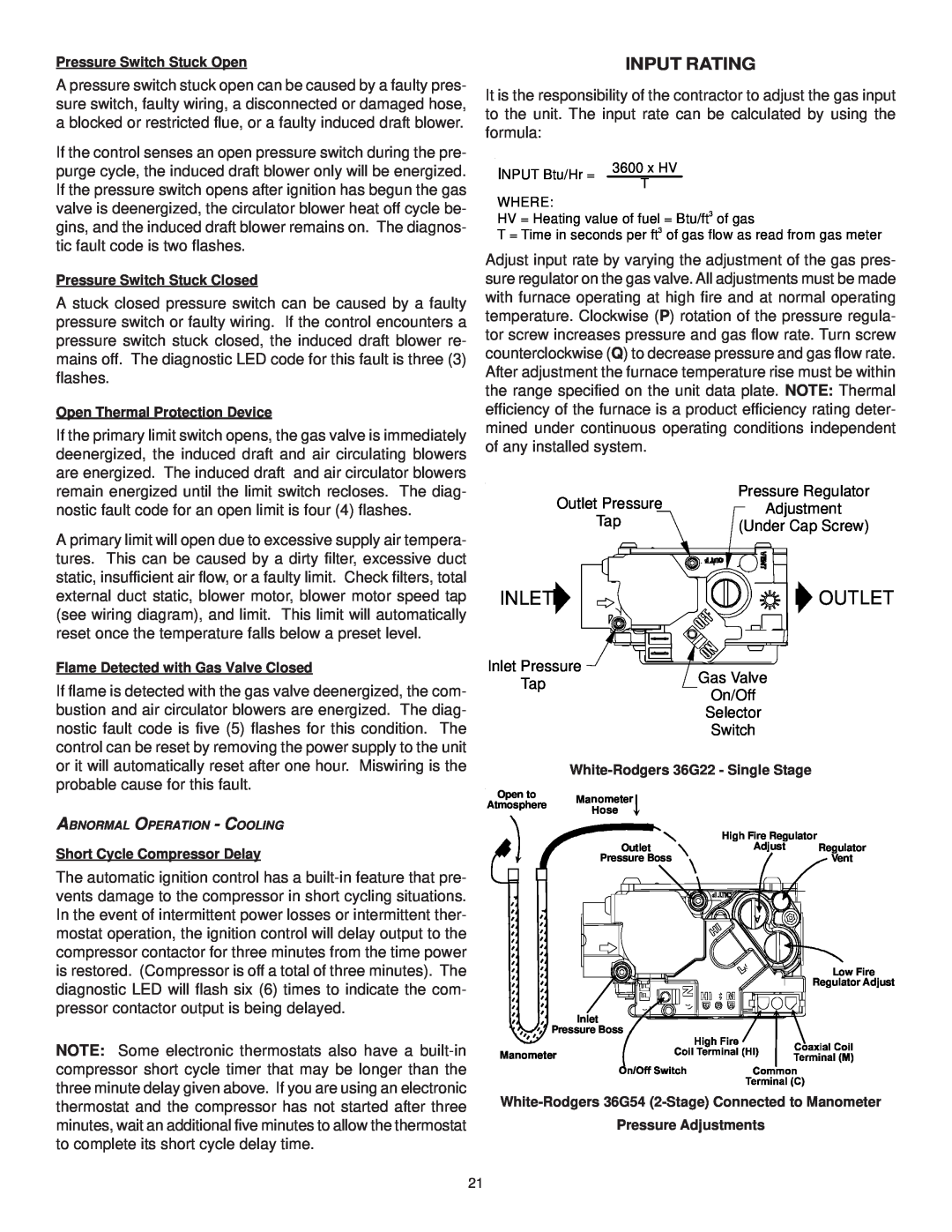 Goodman Mfg CPG SERIES installation manual Inlet, Outlet, Input Rating 
