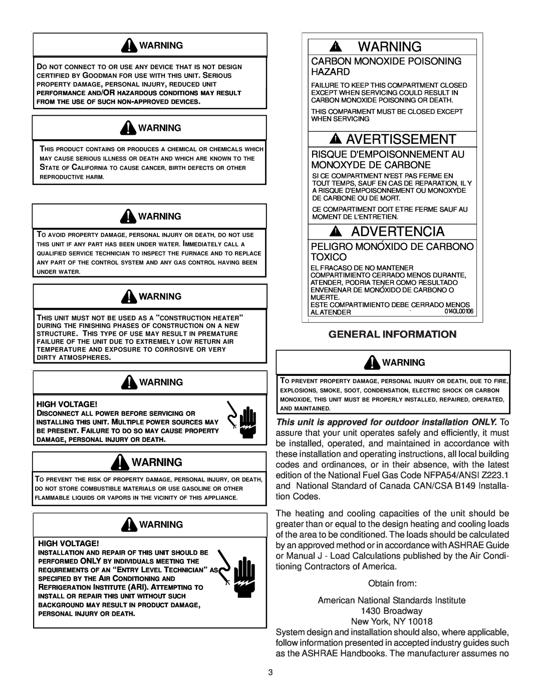 Goodman Mfg CPG SERIES Avertissement, Advertencia, General Information, Carbon Monoxide Poisoning Hazard 