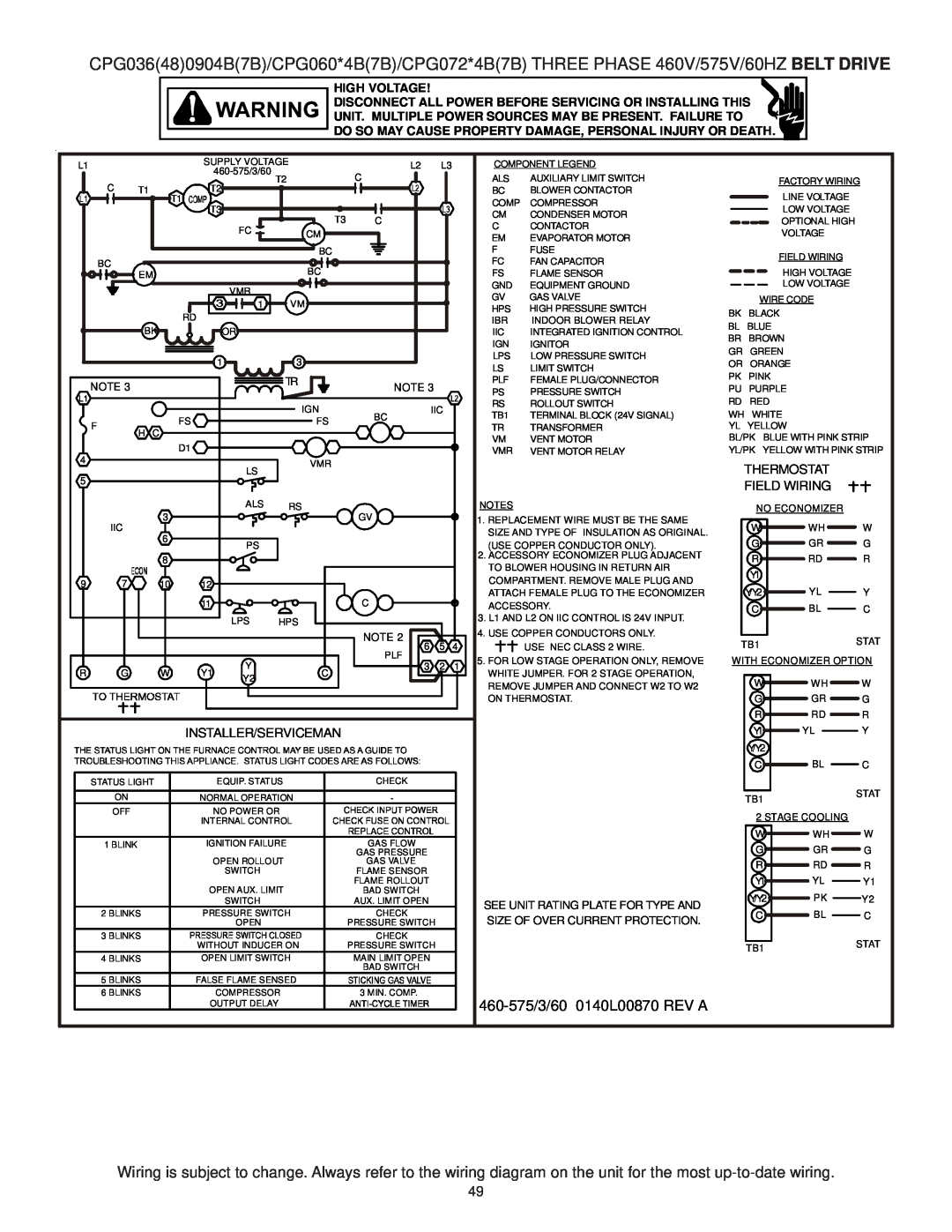 Goodman Mfg CPG SERIES installation manual 460-575/3/600140L00870 REV A, Installer/Serviceman, Thermostat, Field Wiring 