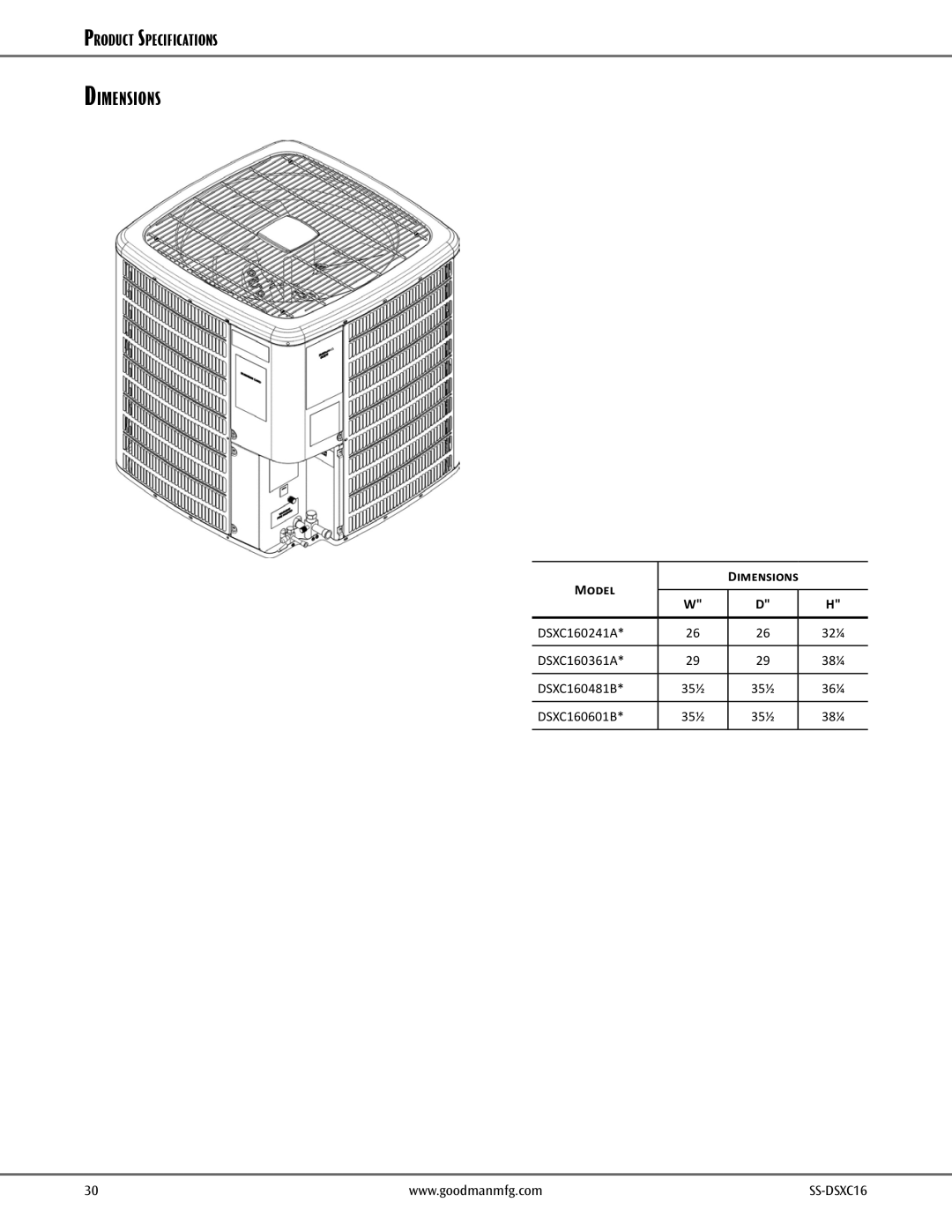 Goodman Mfg DSXC16 dimensions Model Dimensions 