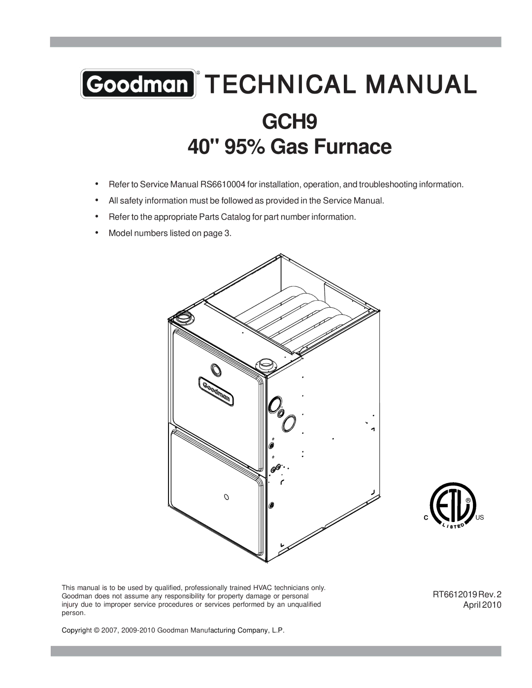 Goodman Mfg GCH9 service manual Technical Manual 