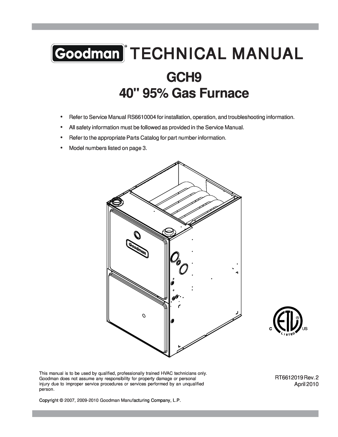 Goodman Mfg service manual GCH9 40 95% Gas Furnace, Technical Manual 