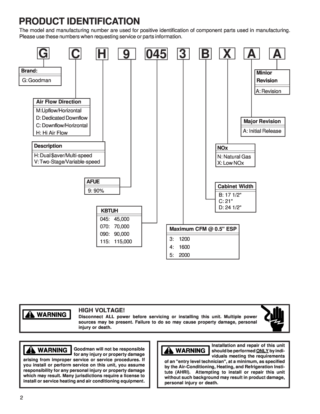 Goodman Mfg GCH9 service manual X A A, Product Identification, High Voltage 